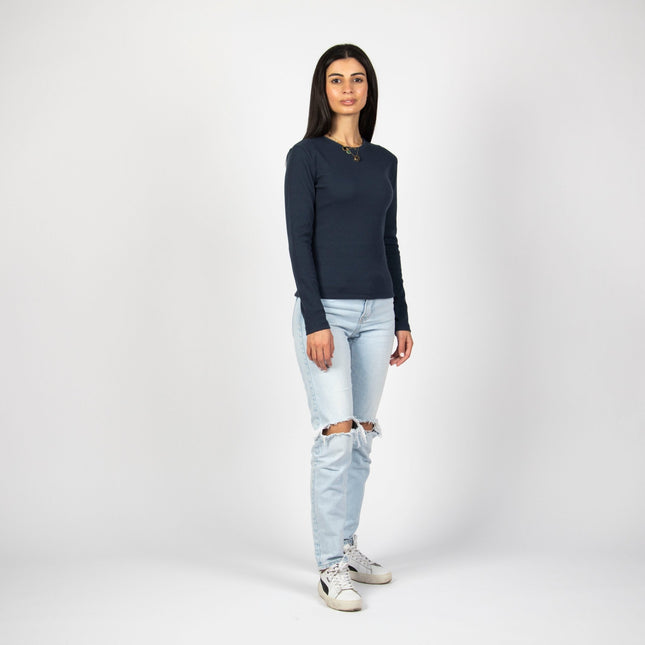 Navy Heather | Women Ribbed Long Sleeve T-shirt - Ribbed Long Sleeve T-shirt - Jobedu Jordan