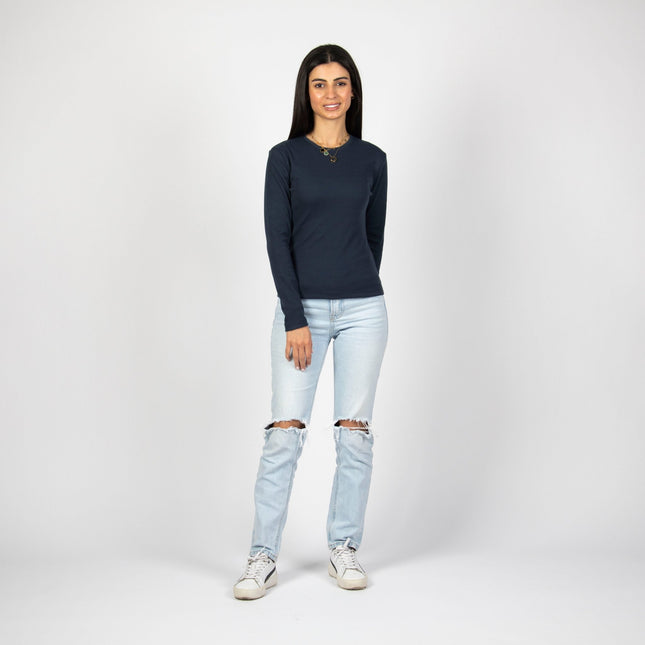 Navy Heather | Women Ribbed Long Sleeve T-shirt - Ribbed Long Sleeve T-shirt - Jobedu Jordan