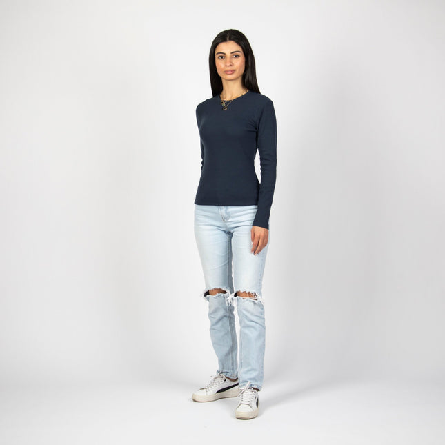 Navy Heather | Women Ribbed Long Sleeve T-shirt - Ribbed Long Sleeve T-shirt - Jobedu Jordan