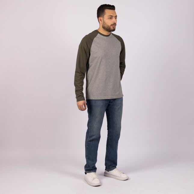 MEDIUM GREY - ARMY GREEN | Adult Long Sleeve Baseball Tshirt - Adult Long Sleeve Baseball Tshirt - Jobedu Jordan