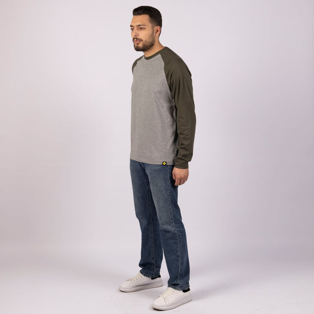 MEDIUM GREY - ARMY GREEN | Adult Long Sleeve Baseball Tshirt - Adult Long Sleeve Baseball Tshirt - Jobedu Jordan