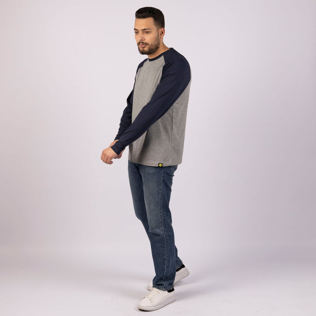 MEDIUM GREY MELANGE - NAVY BLUE | Adult Long Sleeve Baseball Tshirt - Adult Long Sleeve Baseball Tshirt - Jobedu Jordan