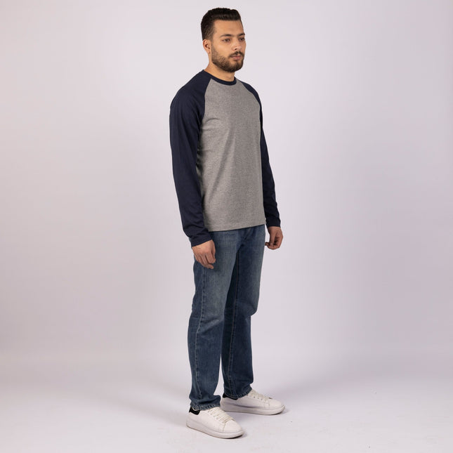MEDIUM GREY MELANGE - NAVY BLUE | Adult Long Sleeve Baseball Tshirt - Adult Long Sleeve Baseball Tshirt - Jobedu Jordan