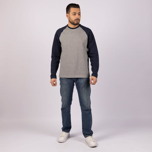 MEDIUM GREY MELANGE - NAVY BLUE | Adult Long Sleeve Baseball Tshirt - Adult Long Sleeve Baseball Tshirt - Jobedu Jordan