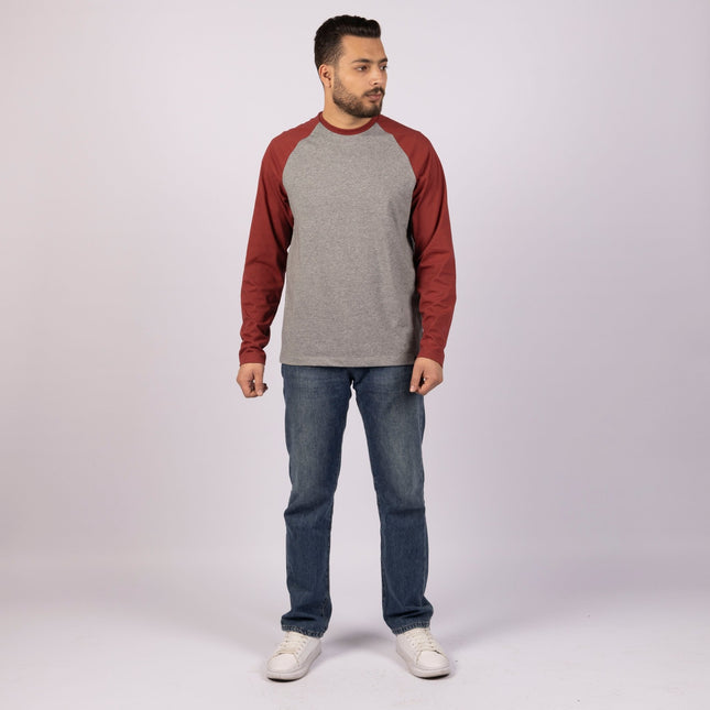 MEDIUM GREY MELANGE - RED ROCK | Adult Long Sleeve Baseball Tshirt - Adult Long Sleeve Baseball Tshirt - Jobedu Jordan