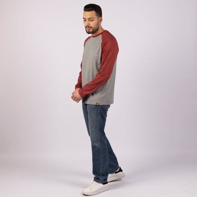 MEDIUM GREY MELANGE - RED ROCK | Adult Long Sleeve Baseball Tshirt - Adult Long Sleeve Baseball Tshirt - Jobedu Jordan