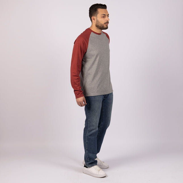MEDIUM GREY MELANGE - RED ROCK | Adult Long Sleeve Baseball Tshirt - Adult Long Sleeve Baseball Tshirt - Jobedu Jordan